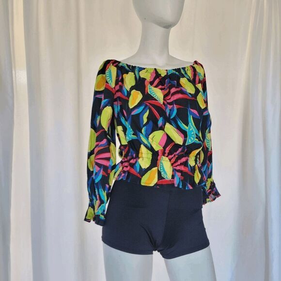 Tabitha Brown womens Sz S multicolor lemon print Bardot off the shoulder top - Picture 5 of 8